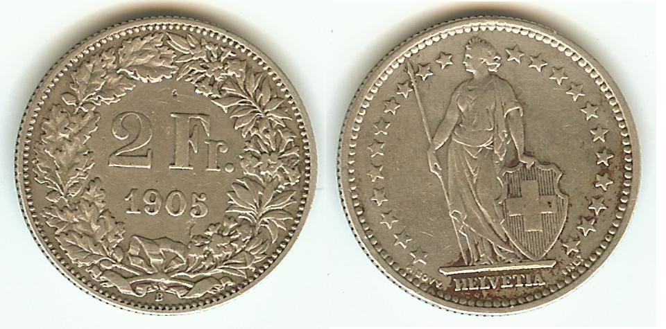 Swiss 2 Francs 1905B aEF